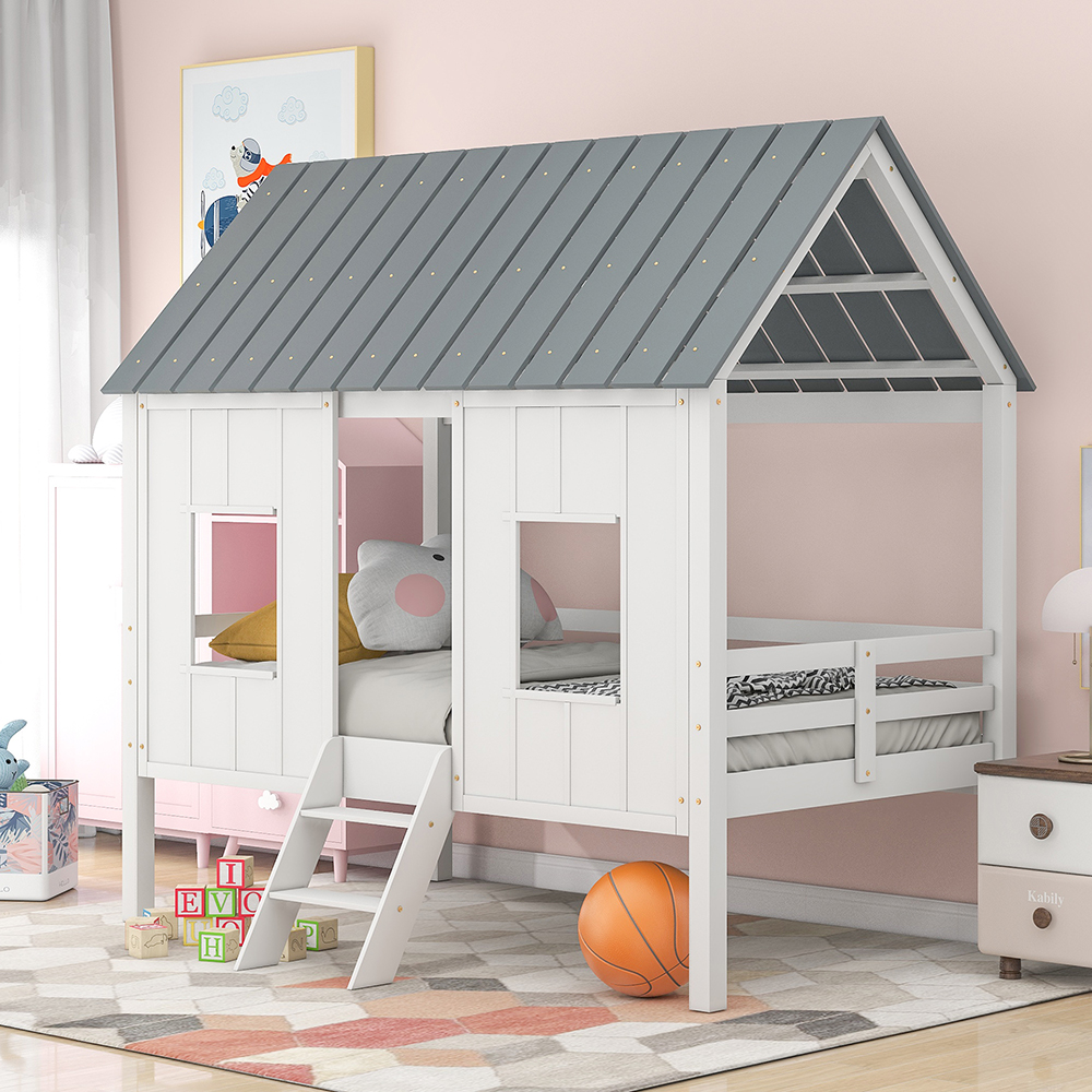Twin-Size House-shaped Loft Bed Frame with Roof, 2 Front Windows, and Wooden Slats Support, for Kids, Teens, Boys, Girls (Frame Only) - White