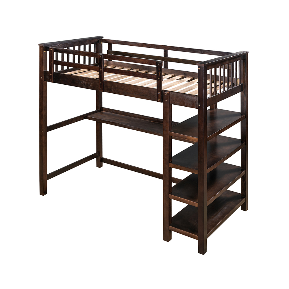 Twin-Size Loft Bed Frame with Desk, Storage Shelves, Ladder, and Wooden Slats Support, for Kids, Teens, Boys, Girls (Frame Only) - Espresso