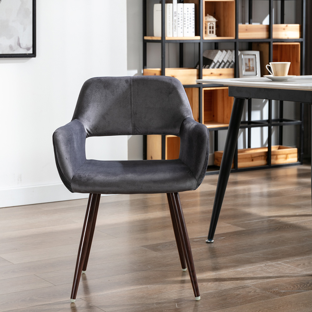 HengMing Velvet Upholstered Dining Chair, with Curved Backrest, and Metal Legs, for Restaurant, Cafe, Tavern, Office, Living Room - Gray