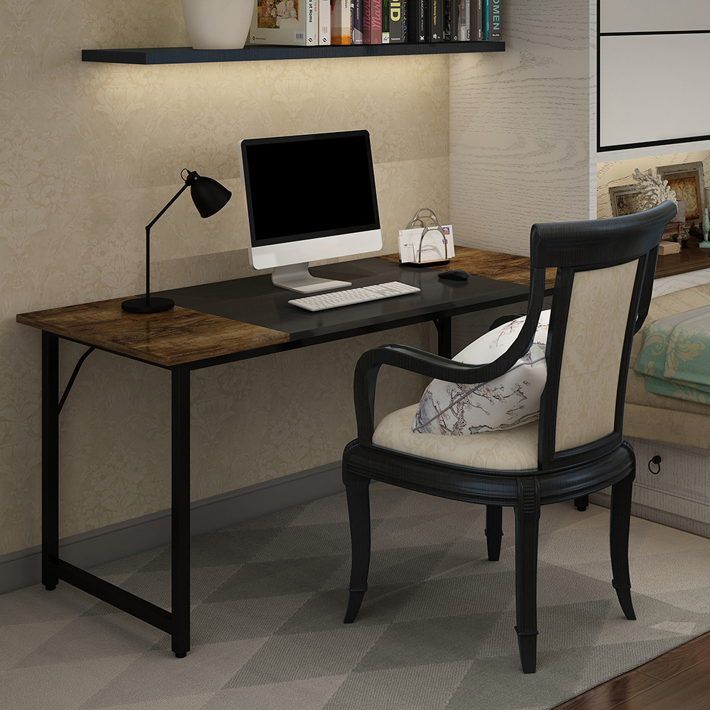 Home Office Computer Desk with Wooden Tabletop and Metal Frame, for Game Room, Office, Study Room - Brown + Black