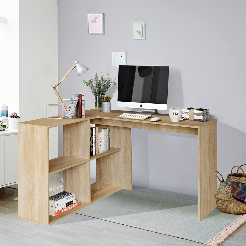 Home Office 47.2" L-Shaped Corner Computer Desk with Storage Shelves, Wooden Frame, for Game Room, Office, Study Room - Oak