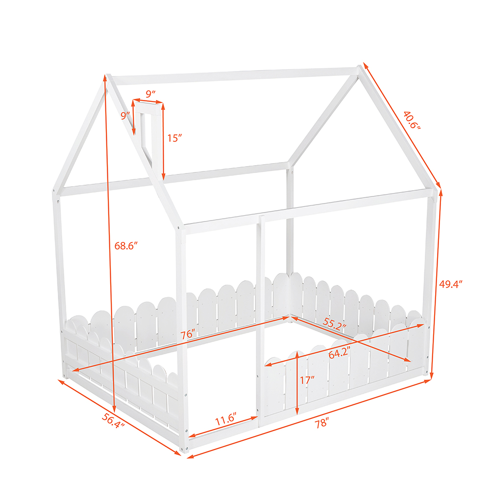 Full-Size House-Shaped Bed Frame With Fence, Box Spring Needed, For Kids, Teens, Girls, Boys (Only Frame) - White 10 Full-Size House-Shaped Bed Frame with Fence, Box Spring Needed, for Kids, Teens, Girls, Boys (Only Frame) - White