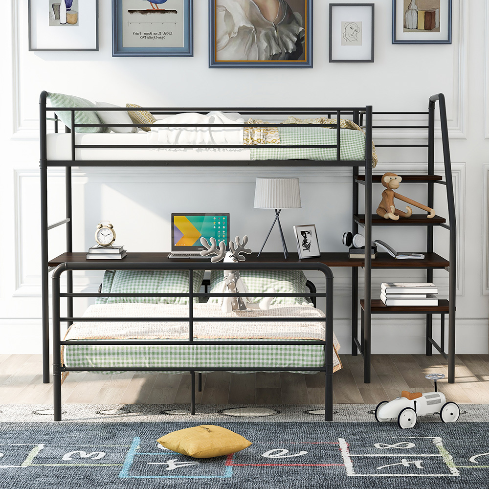 Twin-Over-Full Size Bunk Bed Frame with Ladder, Desk, and Metal Slats Support, No Spring Box Required (Frame Only) - Black