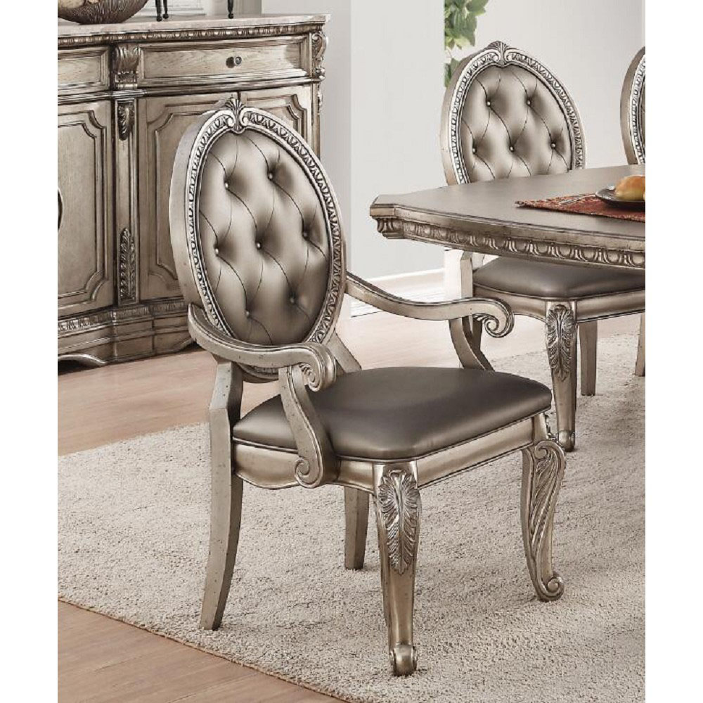 ACME Northville PU Upholstered Dining Chair Set of 2, with Button Tufted Backrest, and Wood Legs, for Restaurant, Cafe, Tavern, Office, Living Room - Silver