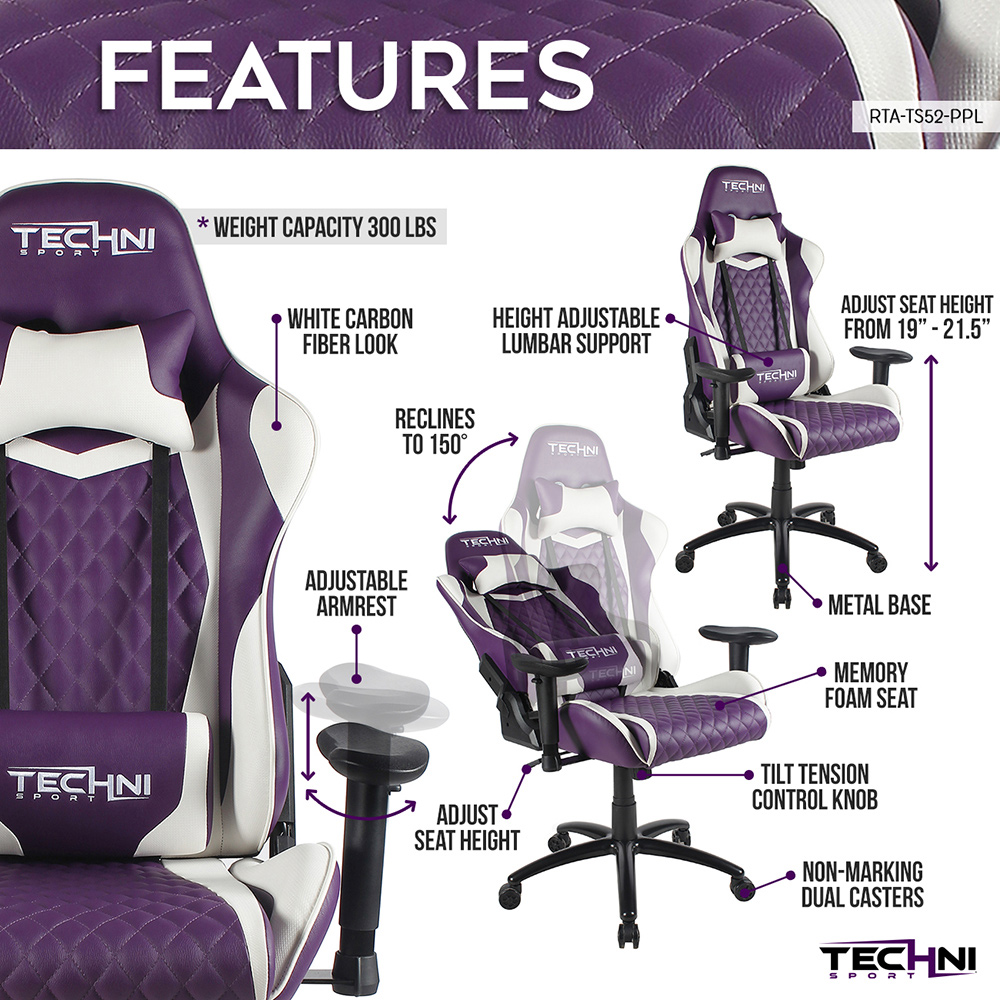 Techni Home Office PU Leather Adjustable Rotatable Gaming Chair with Ergonomic High Backrest and Lumbar Support - Purple