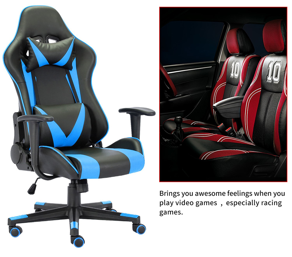 Home Office PU Leather Adjustable Rotatable Massage Gaming Chair with Ergonomic High Backrest and Lumbar Support - Black + Blue