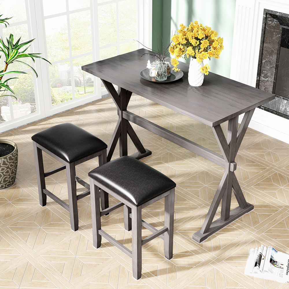 TOPMAX 3 Piece Counter Height Wood Dining Set, Including 1 Table and 2 Stools, for Kitchen, Living Room, Bar, Restaurant, Cafe, Small Places - Gray