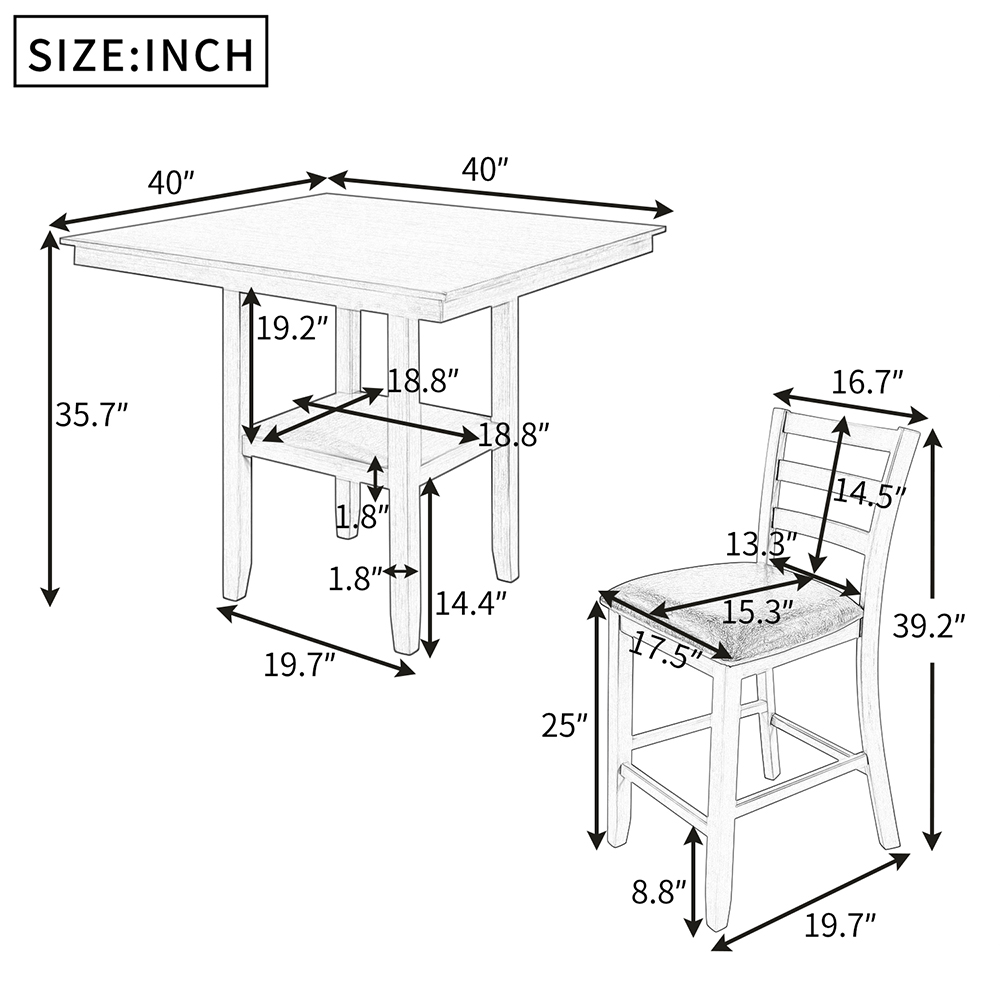 TREXM 5 Piece Dining Set, Including 1 Counter Height Table with Storage Shelf, and 4 Padded Chairs, for Small Apartment, Studio, Kitchen - Espresso