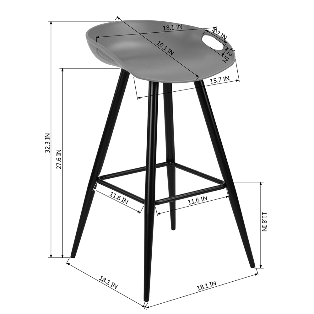 Plastic Bar Stool Set of 2, with Non-slip Feet and Metal Frame, for Restaurant, Cafe, Tavern, Office, Living Room - Gray