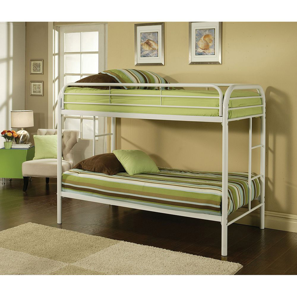 ACME Thomas Twin-Over-Twin Size Bunk Bed Frame with Ladder, and Metal Slats Support, No Spring Box Required, for Kids, Teens (Frame Only) - White