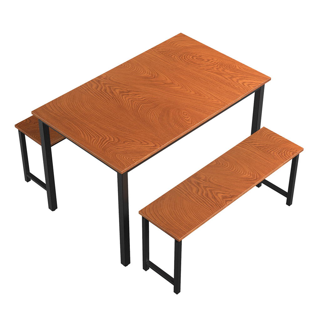 3 Piece Farmhouse Dining Set, Including 1 Table, and 2 Benches, for Small Apartment, Studio, Kitchen - Brown