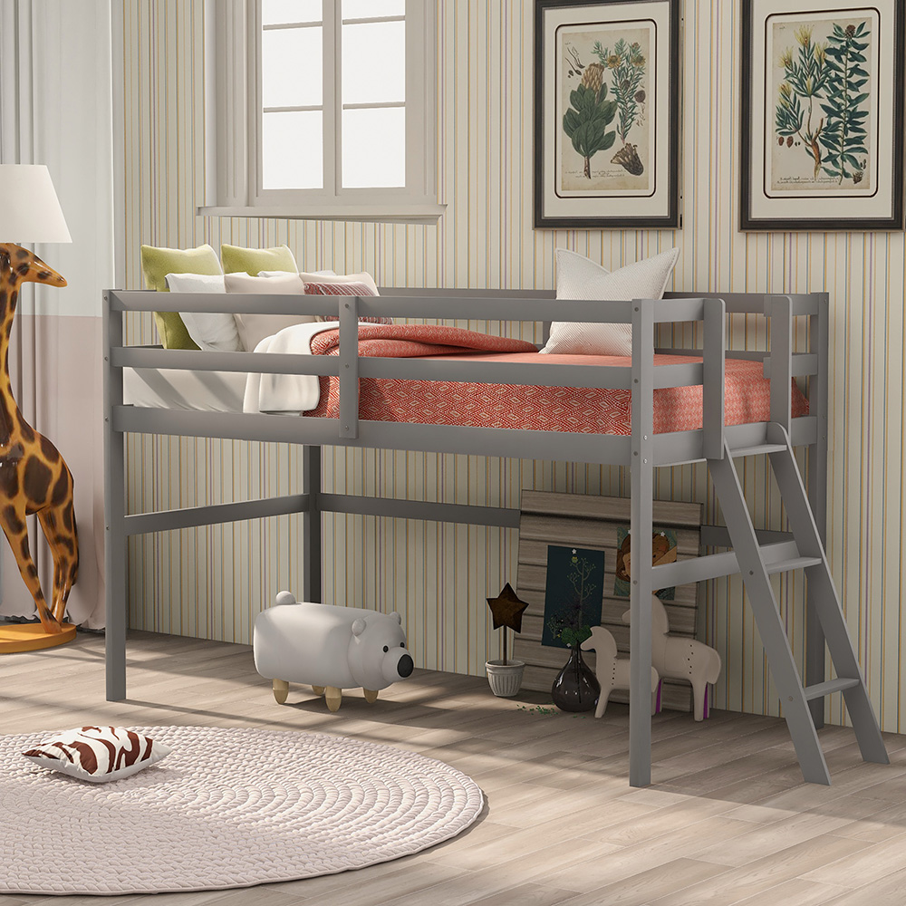 Twin-Size Loft Bed Frame With Ladder, And Wooden Slats Support, For Kids, Teens, Boys, Girls (Frame Only) - Gray 7 Twin-Size Loft Bed Frame with Ladder, and Wooden Slats Support, for Kids, Teens, Boys, Girls (Frame Only) - Gray