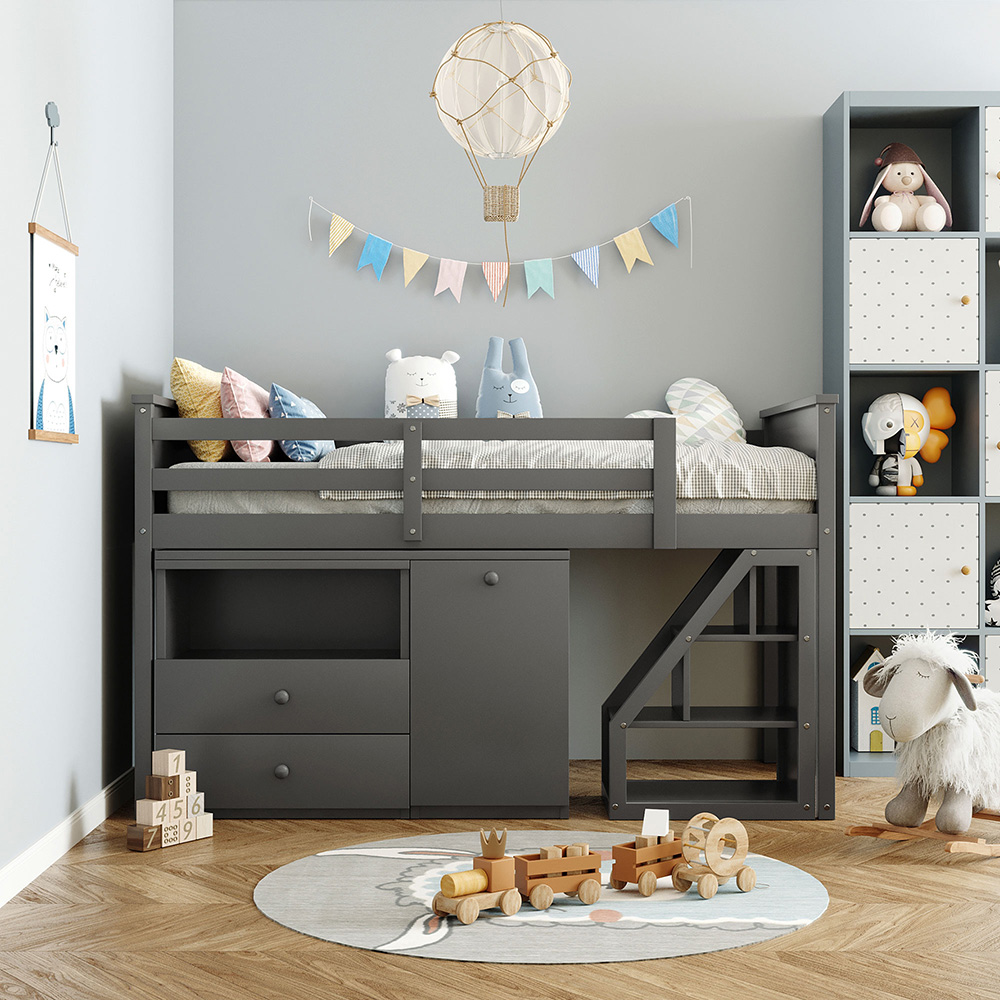 Twin-Size Loft Bed Frame with Desk, Storage Drawers, and Wooden Slats Support, for Kids, Teens, Boys, Girls (Frame Only) - Gray