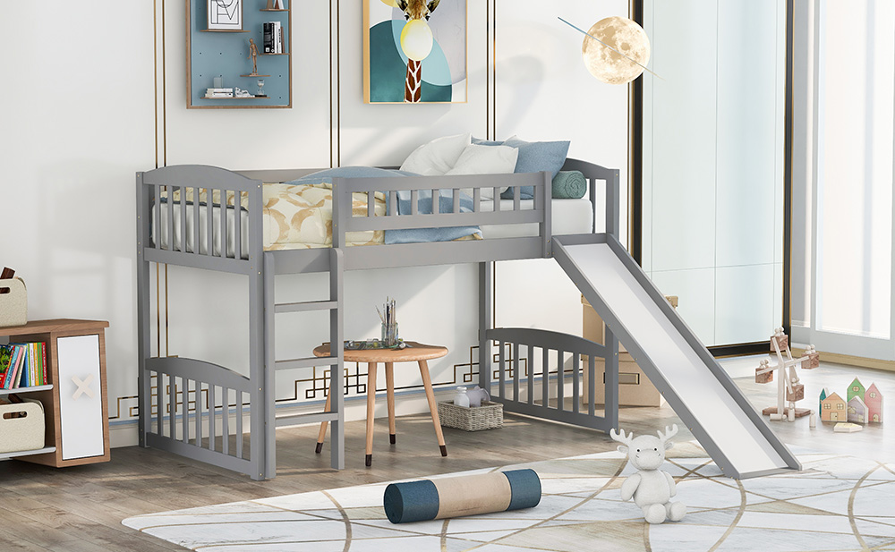 Twin-Size Loft Bed Frame with Slide, Ladder, and Wooden Slats Support, for Kids, Teens, Boys, Girls (Frame Only) - Gray
