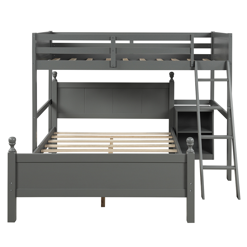 Twin-Over-Full Size Separable Bunk Bed Frame with Storage Cabinet, Ladder, and Wooden Slats Support, No Spring Box Required, for Kids, Teens (Frame Only) - Gray