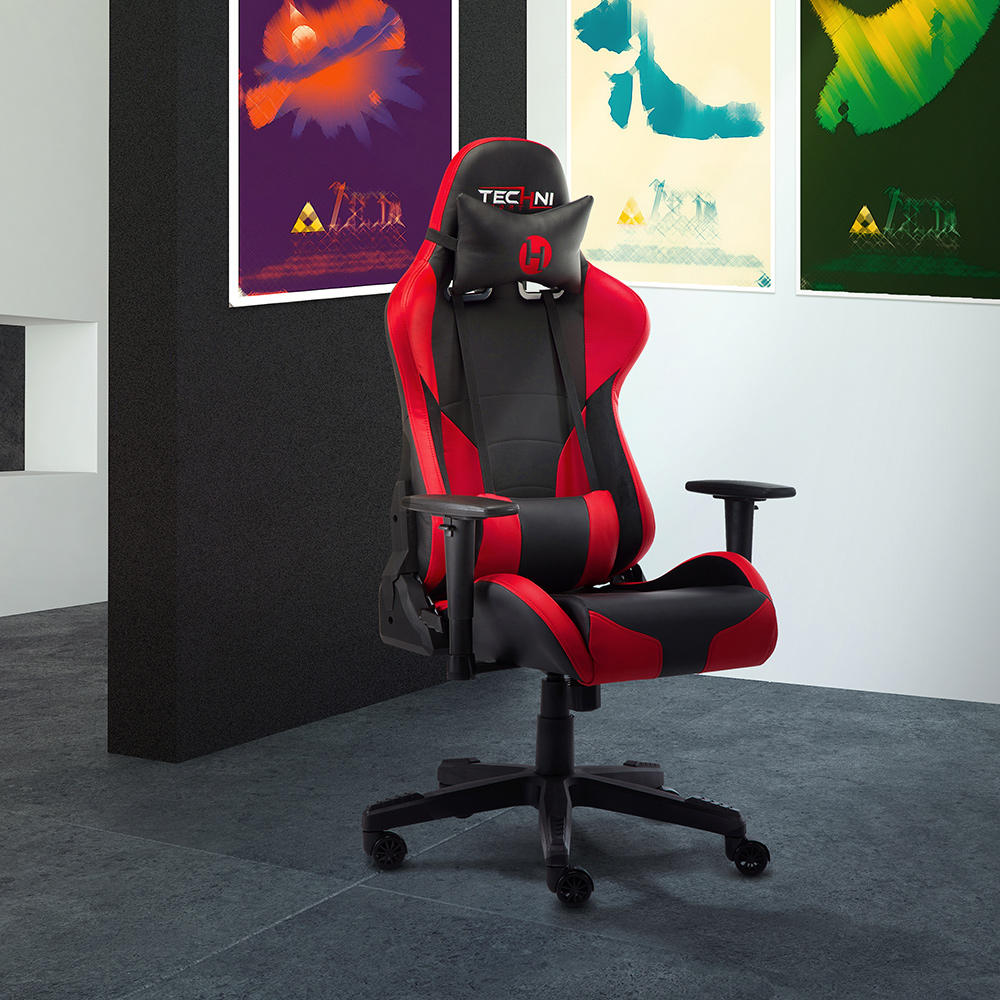 Techni Home Office PU Leather Adjustable Rotatable Gaming Chair with Ergonomic High Backrest and Lumbar Support - Red + Black