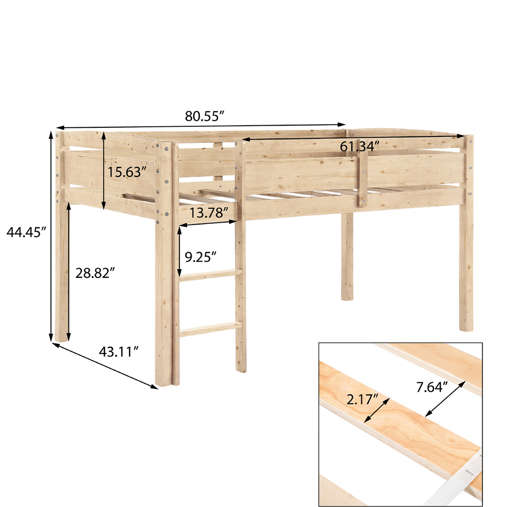 Twin-Size Loft Bed Frame with Ladder, and Wooden Slats Support, for Kids, Teens, Boys, Girls (Frame Only) - Natural