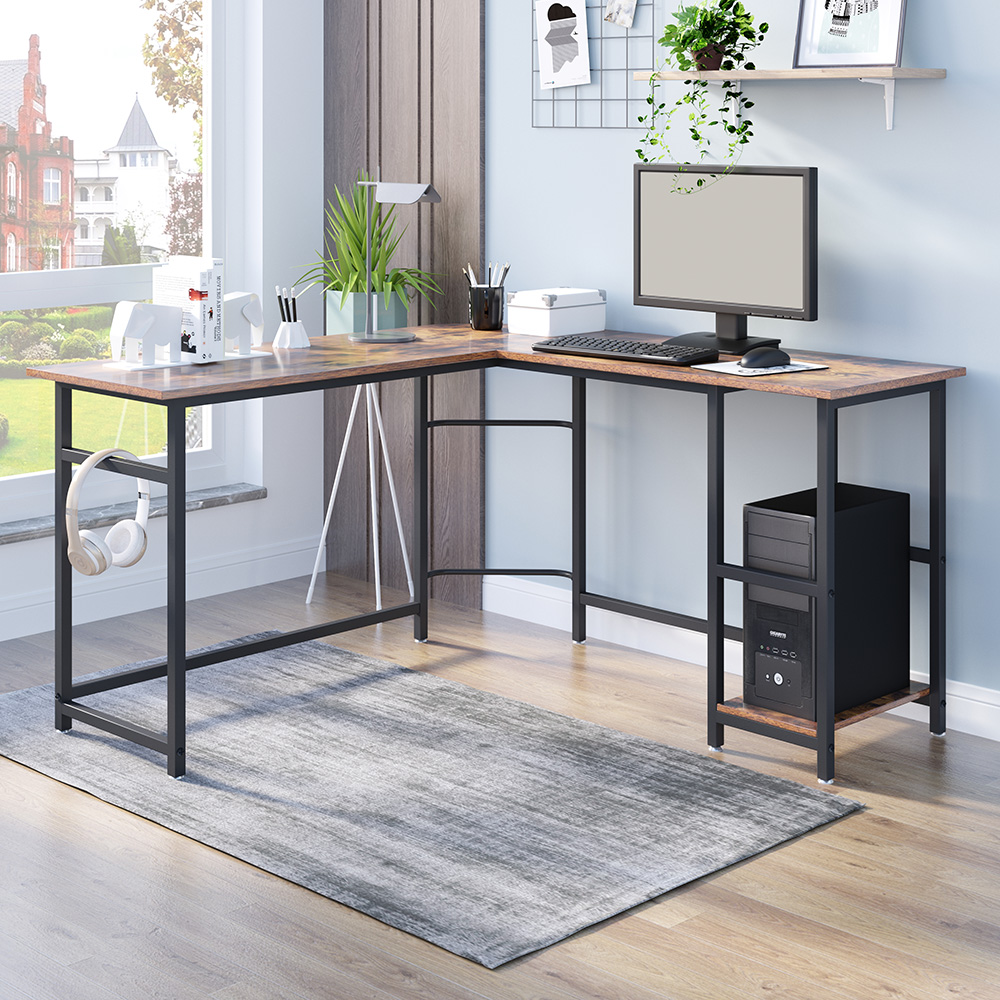 Home Office L-Shaped Computer Desk with Wooden Tabletop and Metal Frame, for Game Room, Office, Study Room - Brown