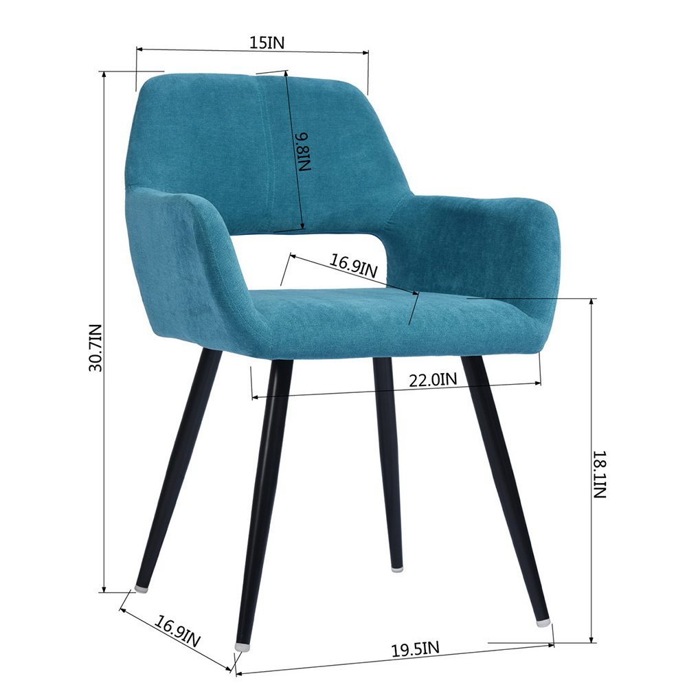 Fabric Upholstered Dining Chair with Curved Backrest, and Metal Legs, for Restaurant, Cafe, Tavern, Office, Living Room - Blue