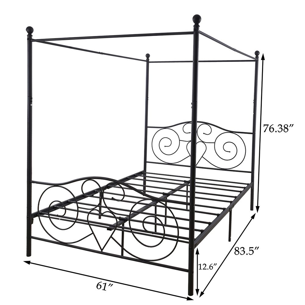 QueenSize Metal Canopy Bed Frame with 4 Pillars Black