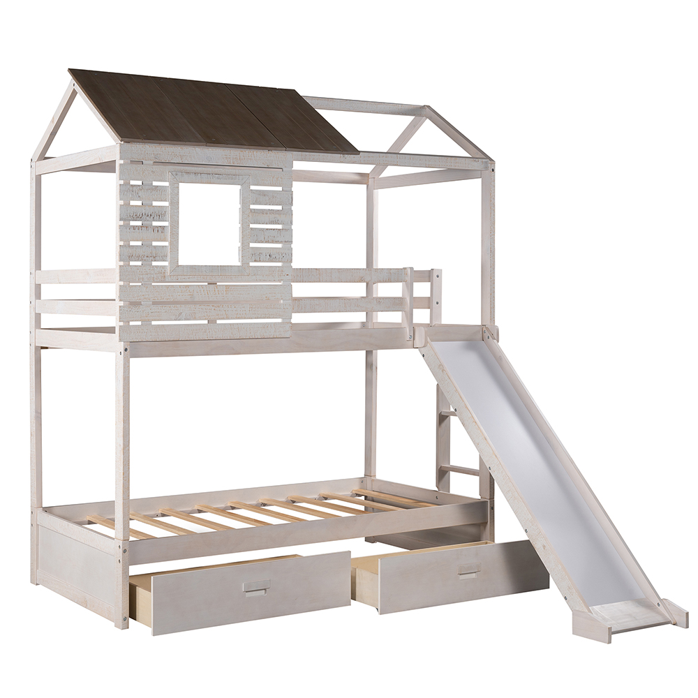 Twin-Over-Twin Size House-shaped Bunk Bed Frame with 2 Storage Drawers, Slide, Ladder, and Wooden Slats Support, No Spring Box Required, for Kids, Teens (Frame Only) - White