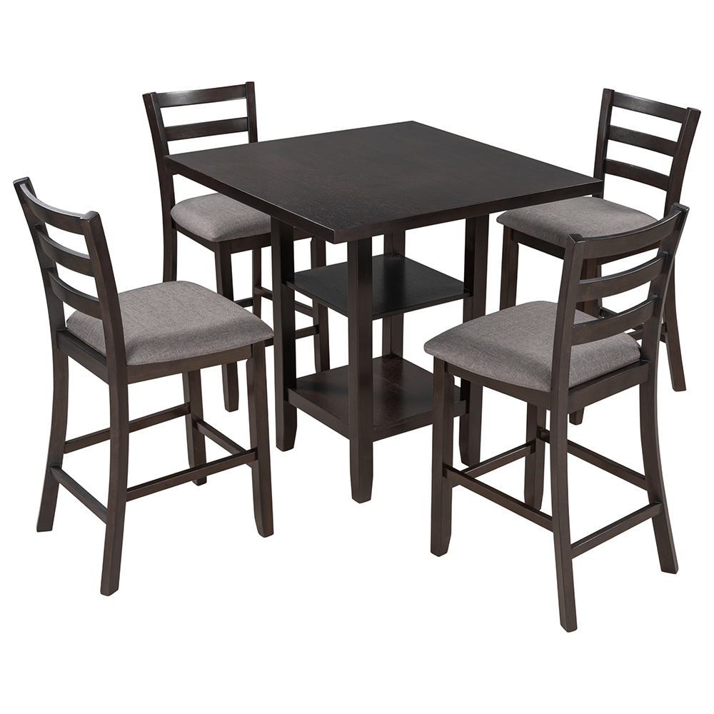 TREXM 5 Piece Dining Set, Including 1 Square Counter Height Table with 2-Layer Storage Shelf, and 4 Padded Chairs, for Small Apartment, Studio, Kitchen - Espresso