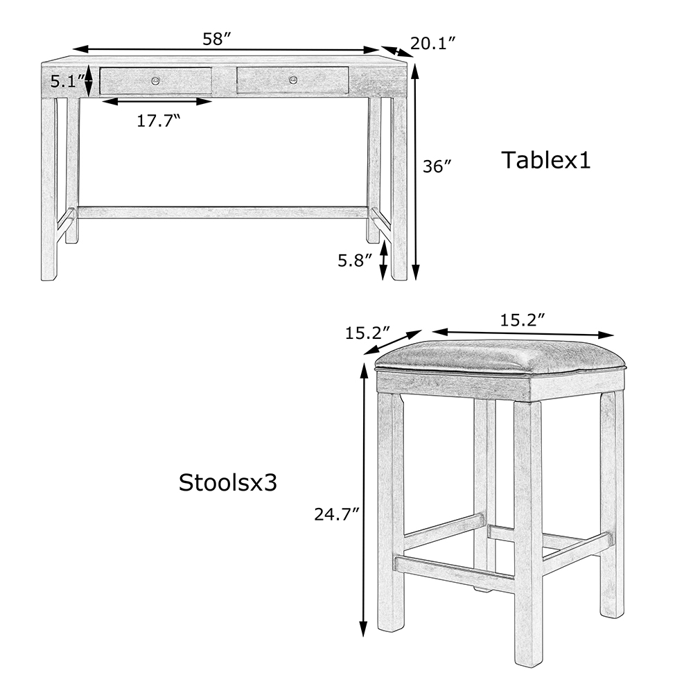 TOPMAX 4 Piece Dining Set, Including 1 Counter Height Table with Socket, and 3 Leather Padded Stools, for Small Apartment, Studio, Kitchen - Gray