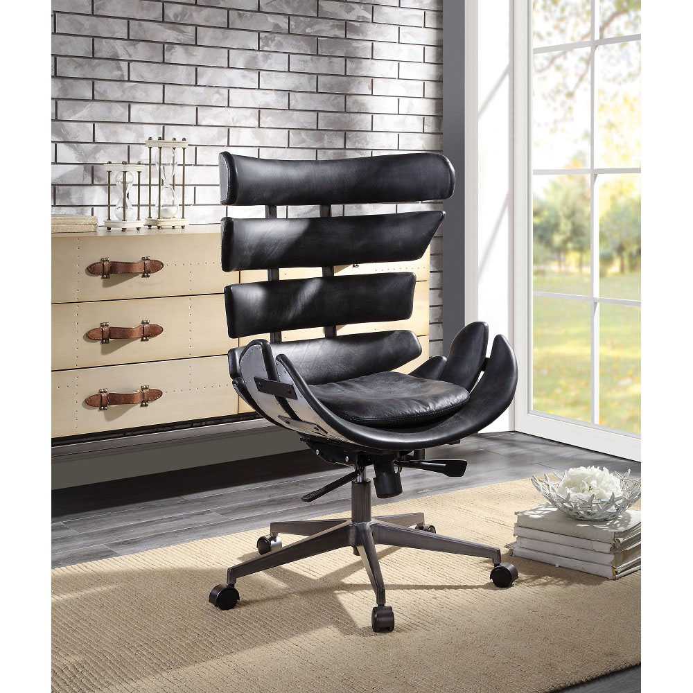 ACME Megan Modern Leisure Leather Swivel Chair Height Adjustable with Curved Backrest and Casters for Living Room, Bedroom, Dining Room, Office - Black