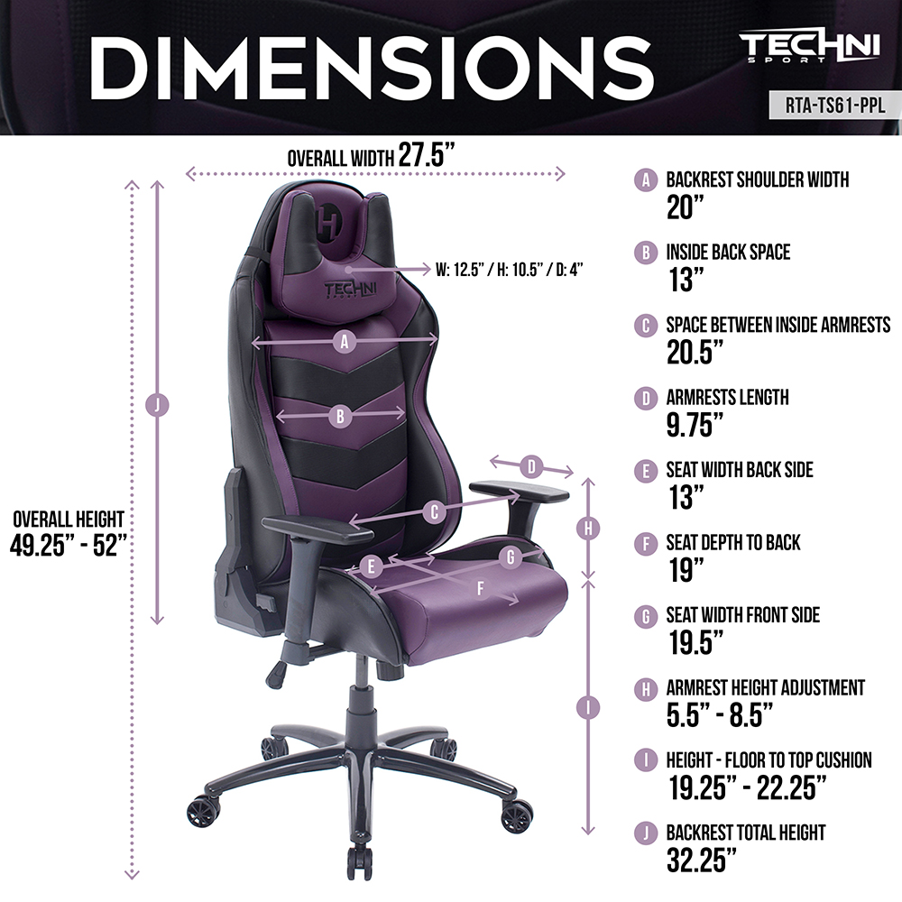 Techni TS-61 Home Office Adjustable Rotatable Gaming Chair With Ergonomic High Backrest And Casters - Black + Purple 10 Techni TS-61 Home Office Adjustable Rotatable Gaming Chair with Ergonomic High Backrest and Casters - Black + Purple