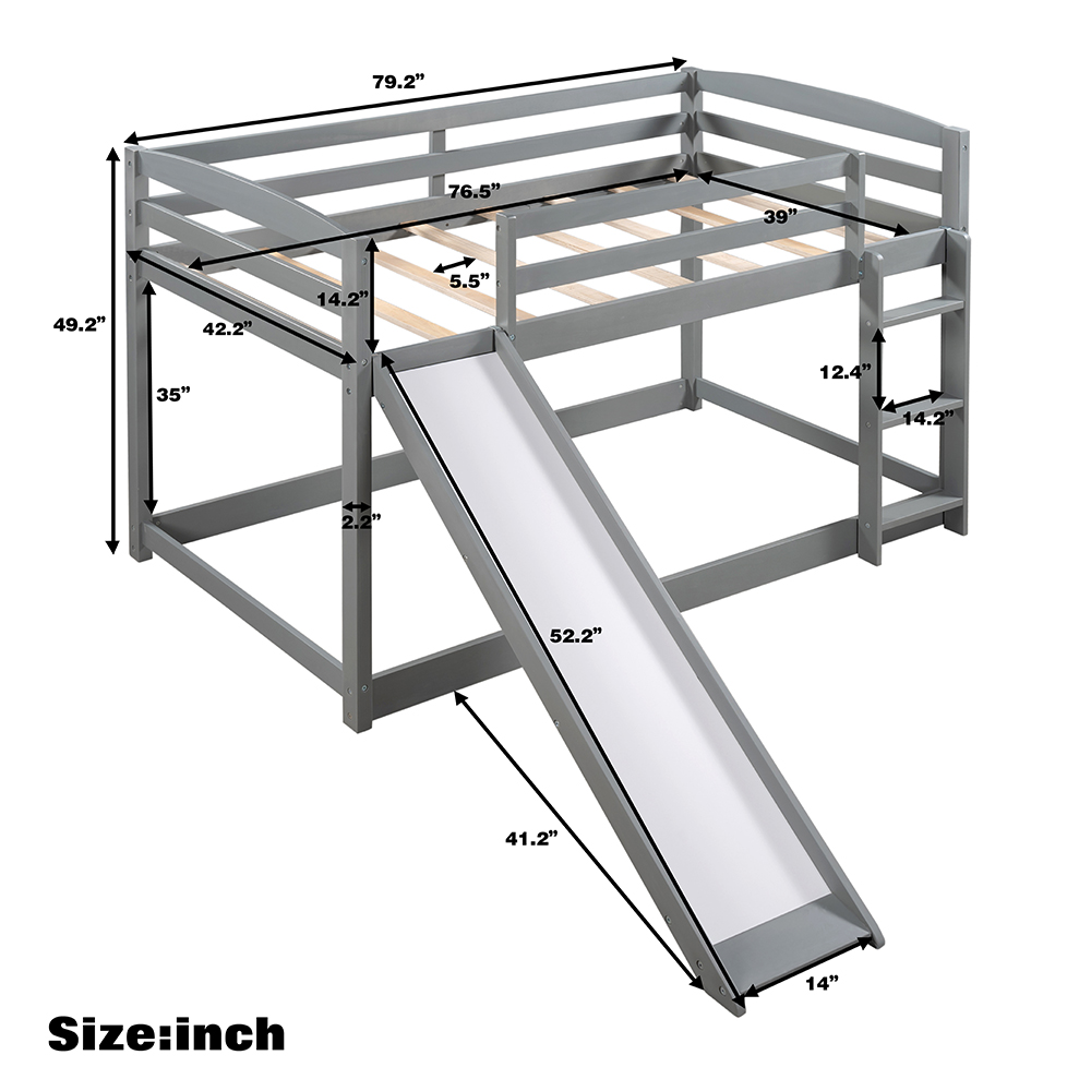 Twin-Over-Twin Size Bunk Bed Frame with Convertible Slide, Ladder, and Wooden Slats Support, No Spring Box Required, for Kids, Teens, Boys, Girls (Frame Only) - Gray
