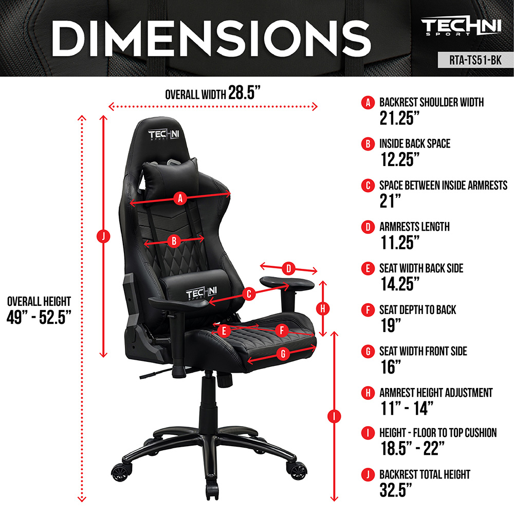 Techni Home Office PU Leather Adjustable Rotatable Gaming Chair with Ergonomic High Backrest and Lumbar Support - Black