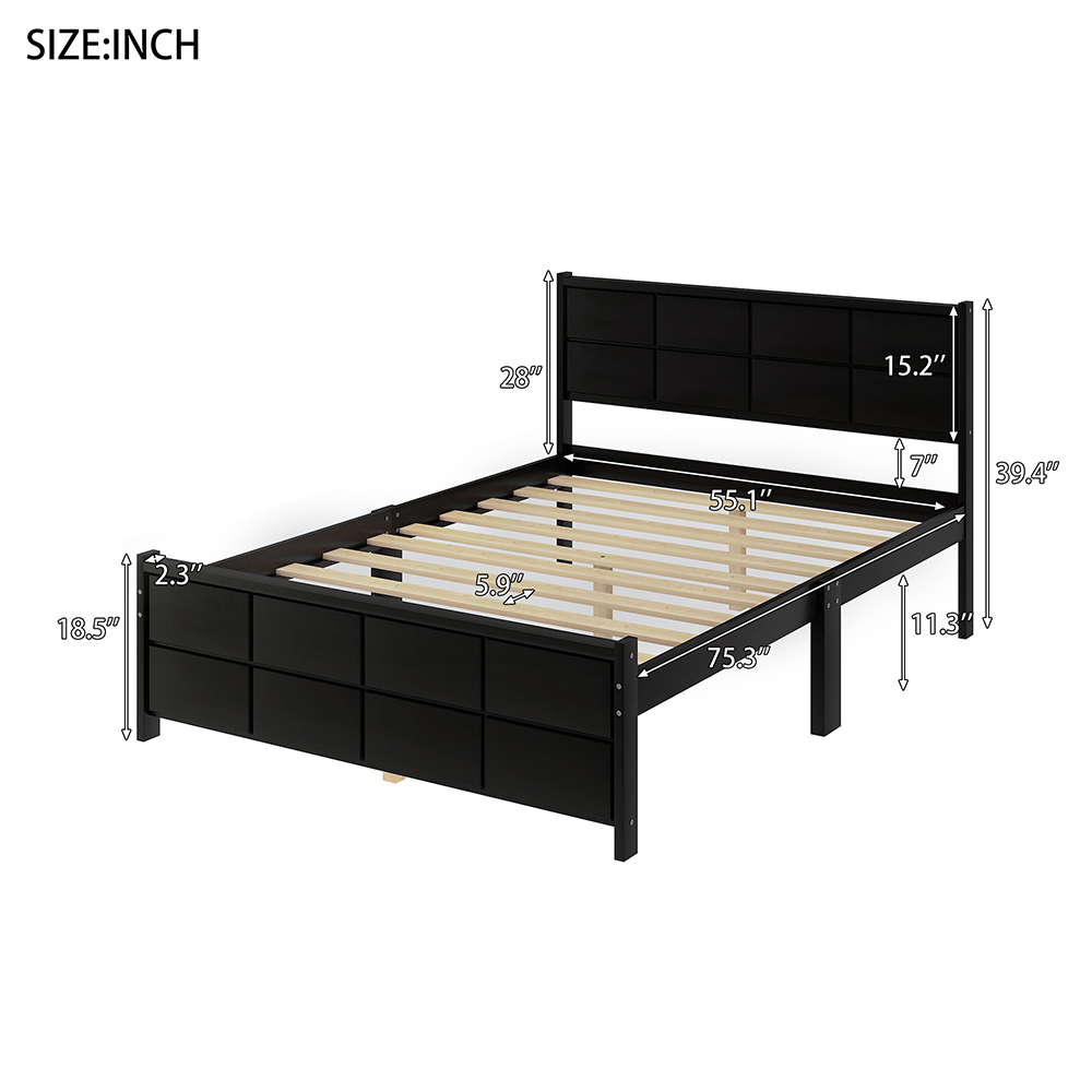 FullSize Platform Bed Frame with Line Shape Headboard Espresso