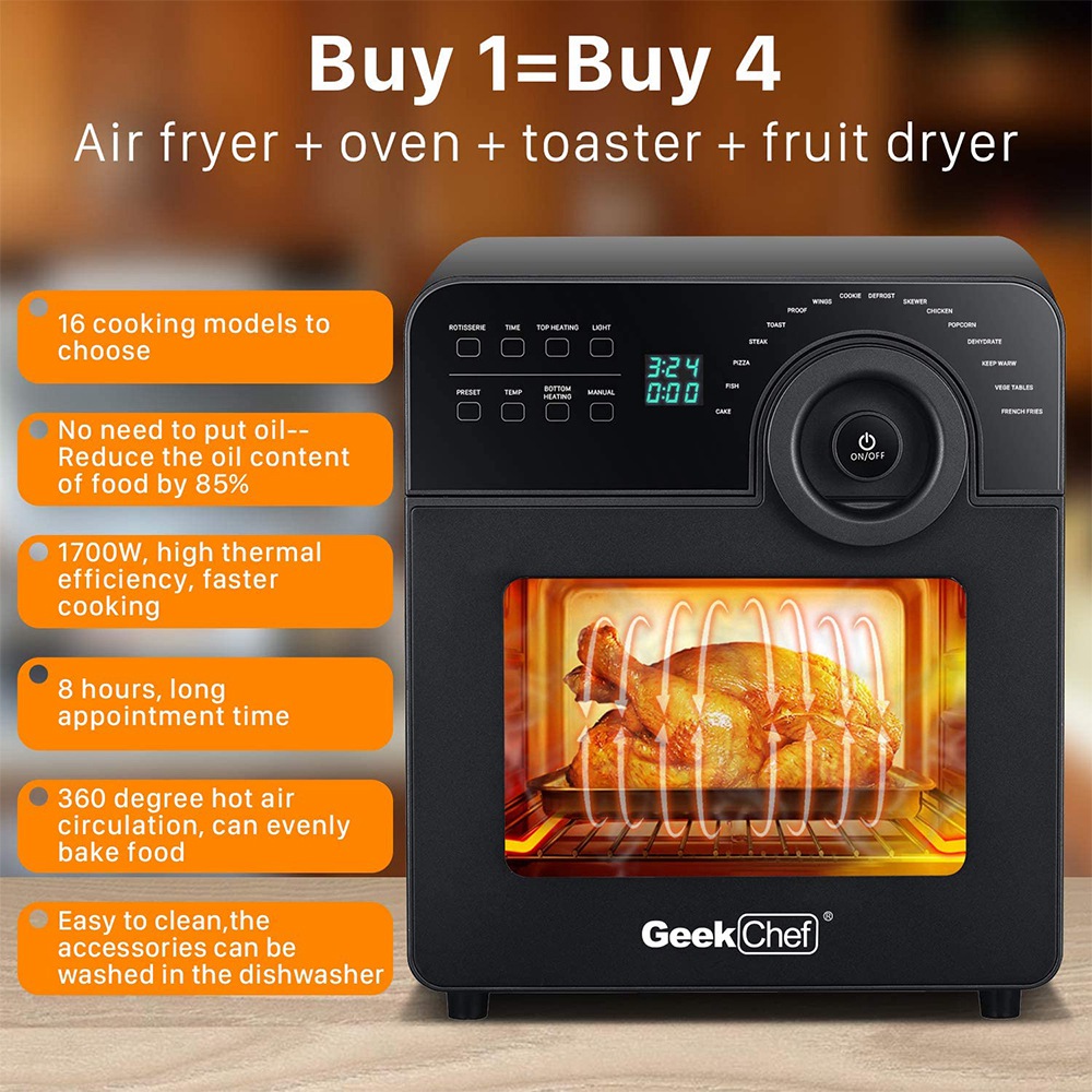 GEEK GAF14 Multifunctional Air Fryer 15QT Capacity for Cooking, Baking, Roasting, Dehydrating - Black