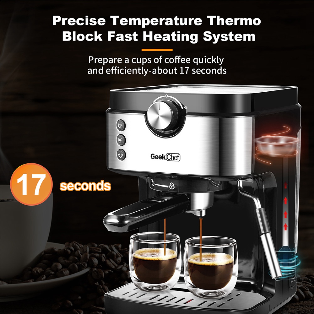 GEEK GCF20A Coffee Machine Multiple Modes with Removable Filter and Water Tank for Home, Office - Black