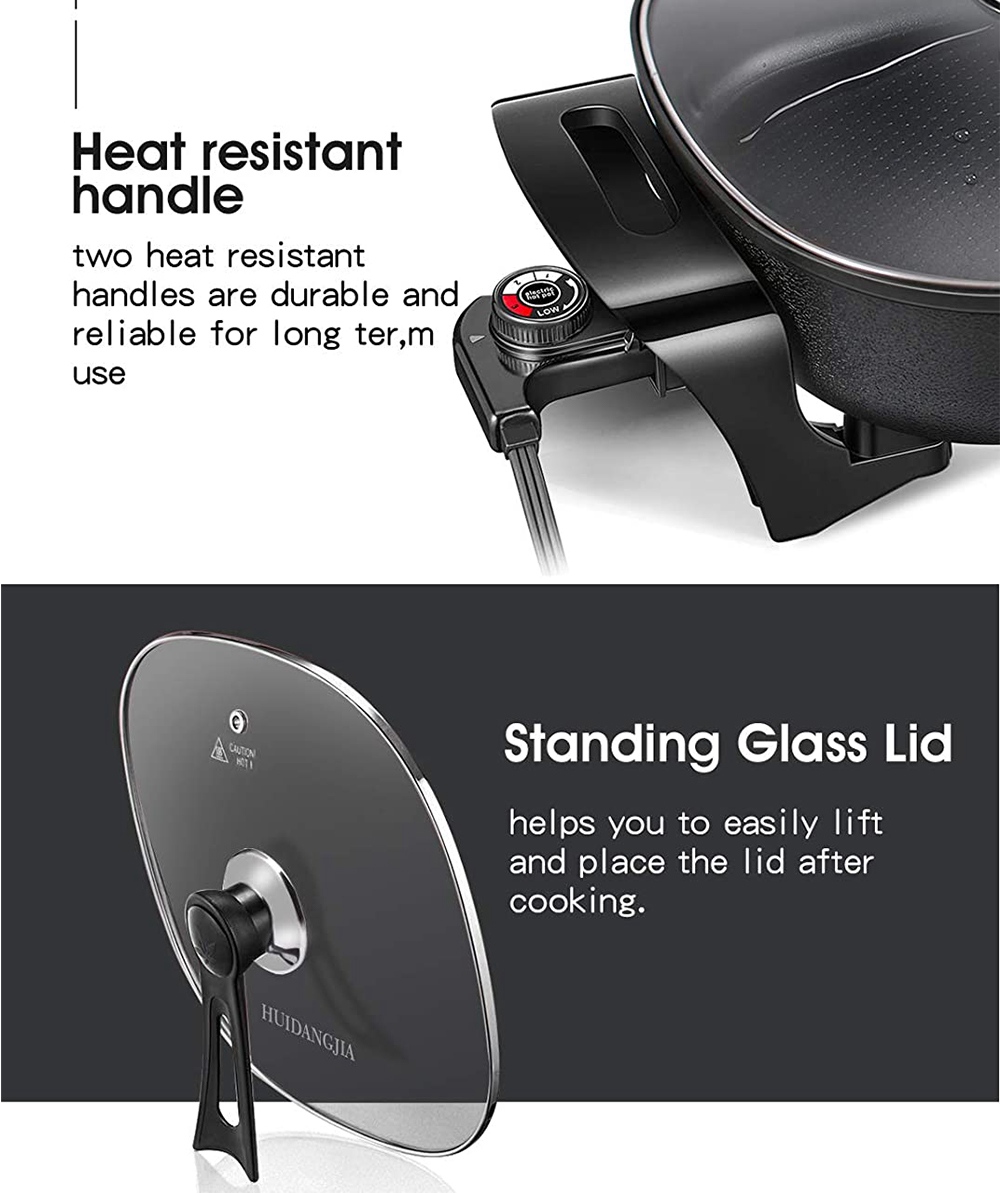 HUIDANGJIA 12" Nonstick Electric Skillet 1360 Power For Roast, Fry, and Steam With Heat Resistant Handles - Black