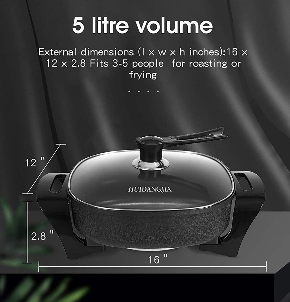 HUIDANGJIA 12" Nonstick Electric Skillet 1360 Power For Roast, Fry, and Steam With Heat Resistant Handles - Black