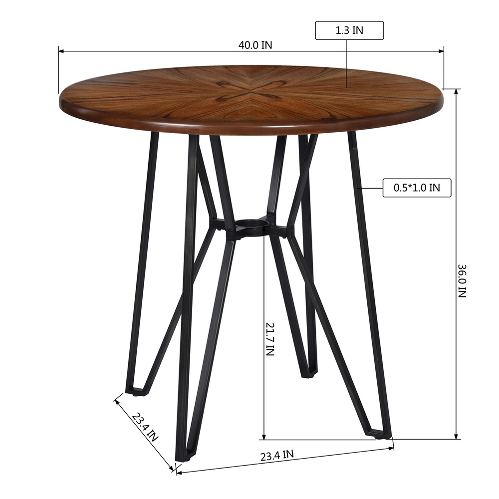 40" Round Dining Table with Wooden Tabletop and Metal Frame, for Restaurant, Cafe, Tavern, Living Room - Brown