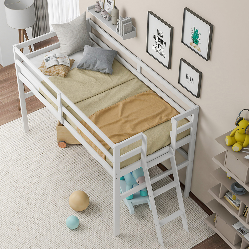 Twin-Size Loft Bed Frame with Ladder, and Wooden Slats Support, for Kids, Teens, Boys, Girls (Frame Only) - White