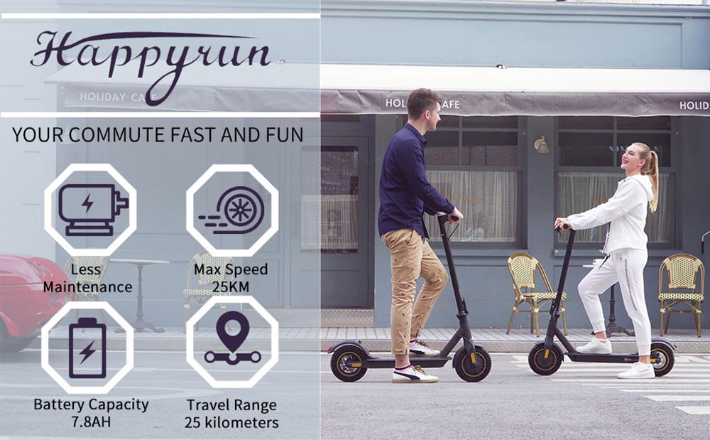 HappyRun HR365 MAX Folding Electric Scooter 10 inch Honeycomb	Tire 7.8Ah Battery 350W Brushless Motor 25km/h Max Speed up to 26KM Range Electronic + Disc Brake - Black