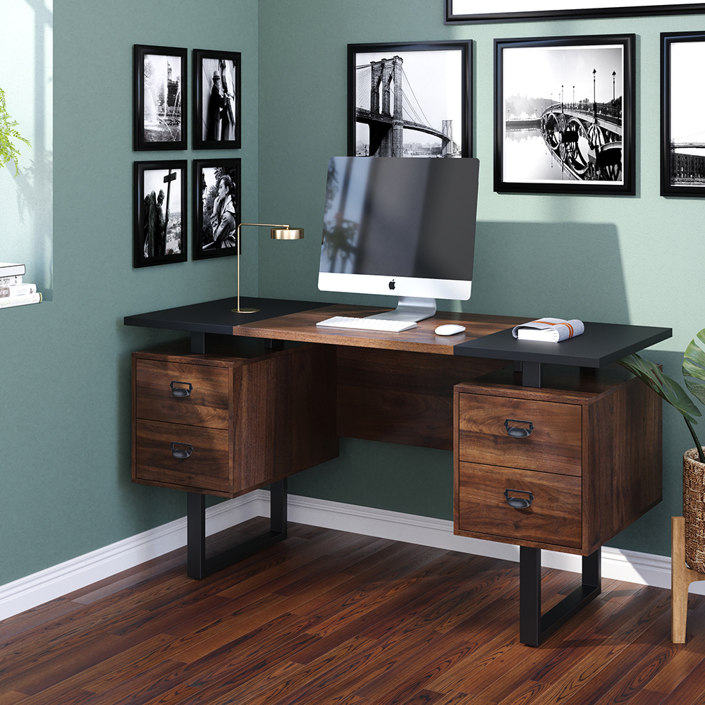 Home Office Computer Desk with 4 Storage Drawers, MDF Tabletop and Metal Frame, for Game Room, Office, Study Room - Rustic Brown