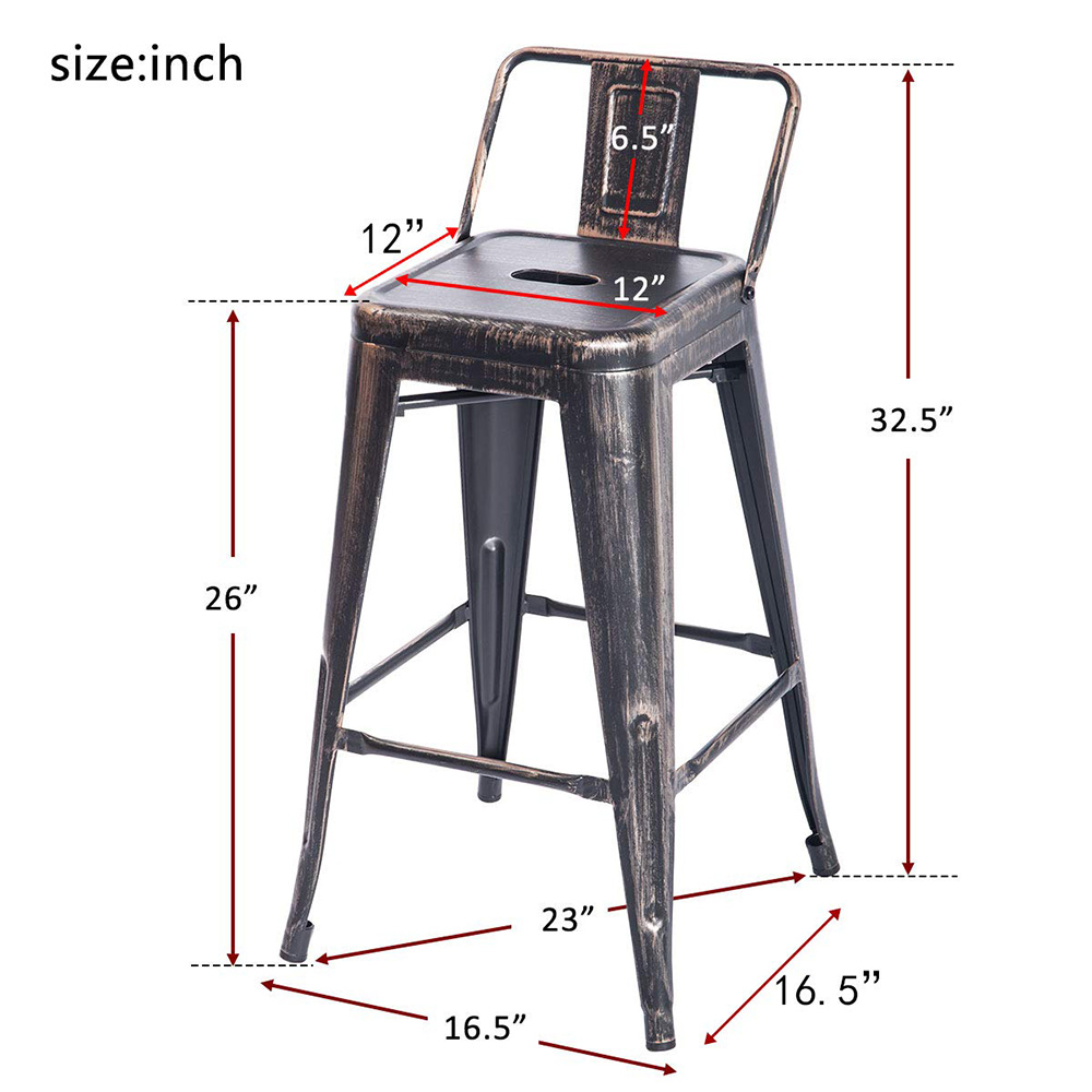 TREXM 2 Piece Metal Bar Stool Set, with Low Back, for Small Apartment, Studio, Kitchen - Black