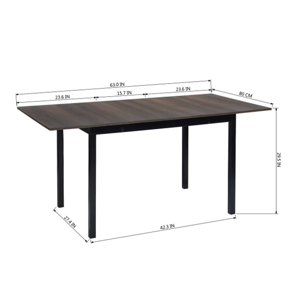 63" Extendable Dining Table with Wooden Tabletop and Metal Legs, for Restaurant, Cafe, Tavern, Living Room - Brown
