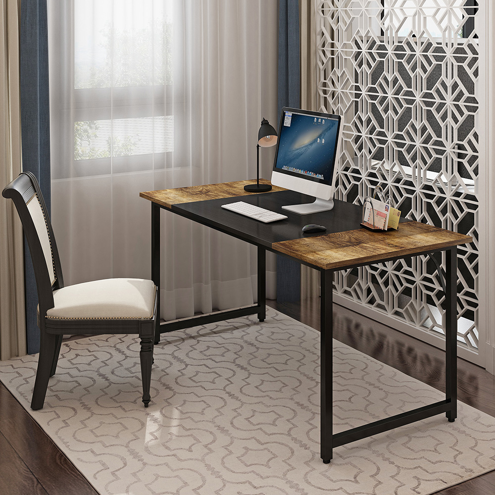 Home Office Computer Desk with Wooden Tabletop and Metal Frame, for Game Room, Office, Study Room - Brown + Black