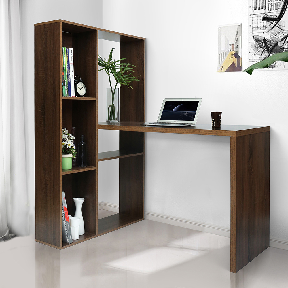 Home Office L-Shaped Computer Desk with Storage Shelves and Wooden Frame, for Game Room, Office, Study Room - Walnut