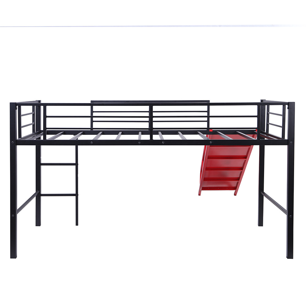 Twin-Size Loft Bed Frame with Slide, Ladder, and Metal Slats Support, for Kids, Teens, Boys, Girls (Frame Only) - Black + Red