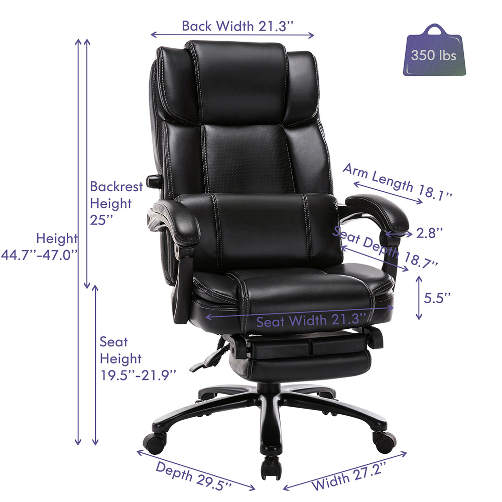 Home Office PU Leather Adjustable Gaming Chair with Footrest, Ergonomic High Backrest and Lumbar Support - Black