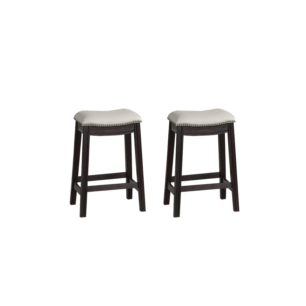 24"H PU Upholstered Dining Stool Set of 2, with Nailhead Trim, and Wooden Frame, for Restaurant, Cafe, Tavern, Office, Living Room - Gray