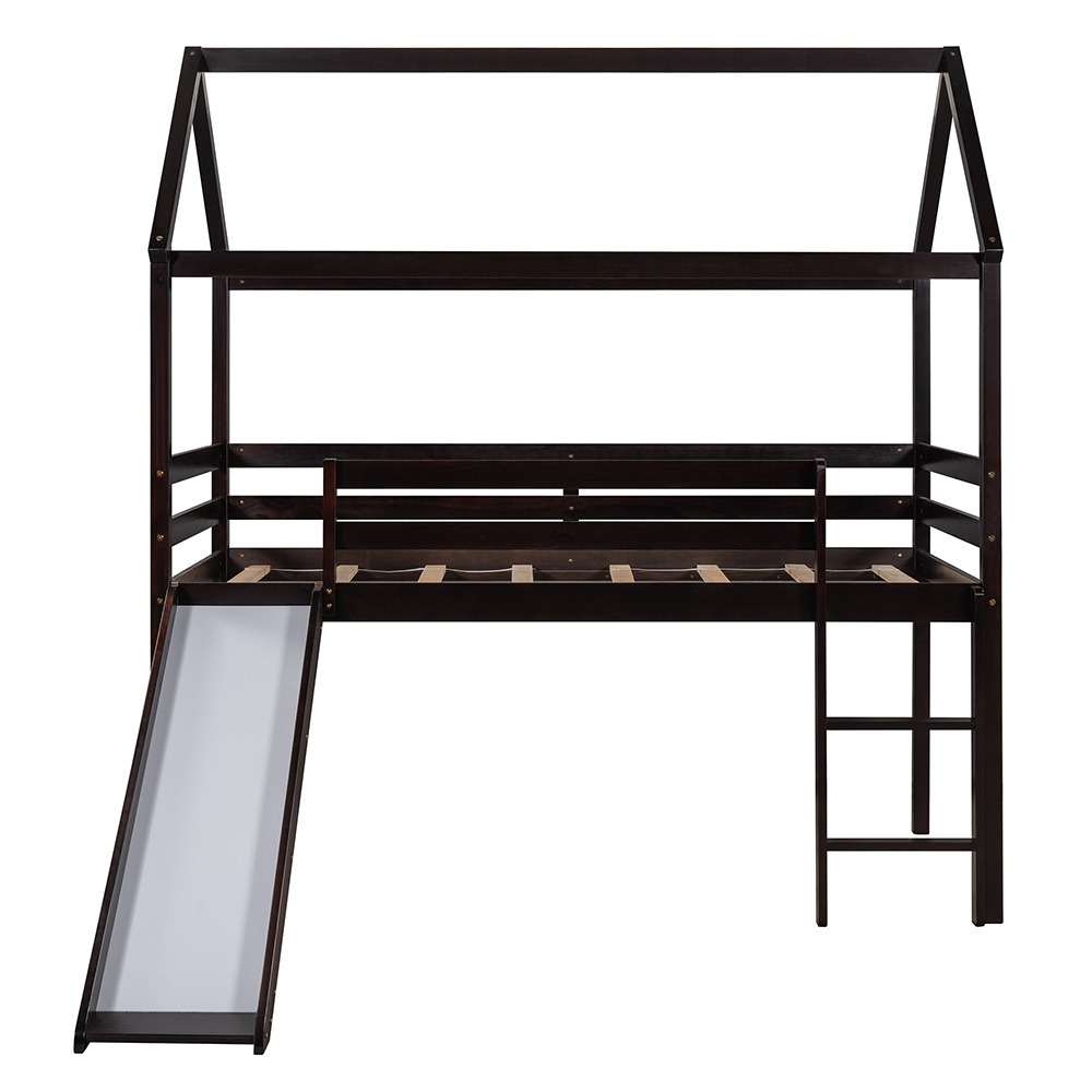 Twin-Size House-shaped Loft Bed Frame with Ladder, Slide, and Wooden Slats Support, for Kids, Teens, Boys, Girls (Frame Only) - Espresso