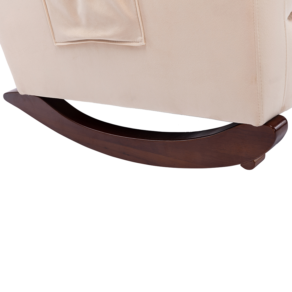 Velvet Upholstered Rocking Chair with Solid Wood Base and High Backrest, for Living Room, Bedroom, Dining Room, Nursery - Beige