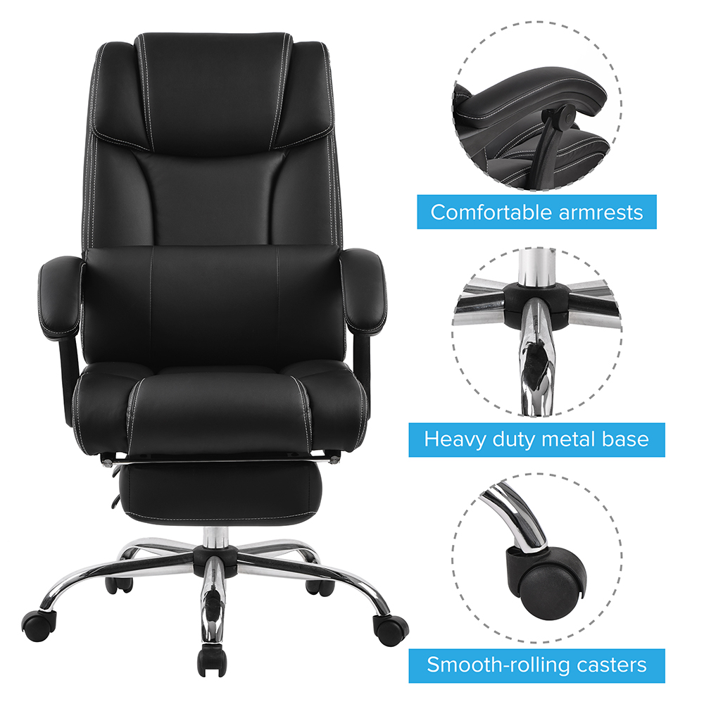 Home Office PU Leather Adjustable Rotatable Gaming Chair with Ergonomic Backrest and Footrest - Black